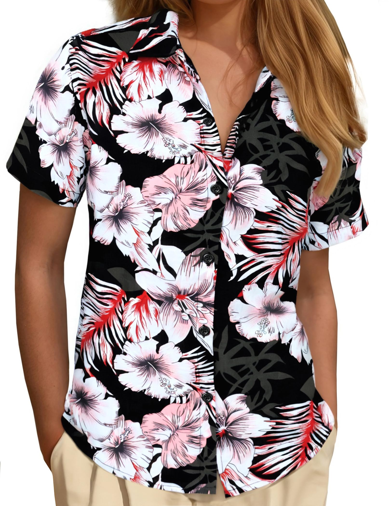 JOGAL Women's Floral Blouse Casual Button Down Short Sleeve Aloha Hawaiian Shirt