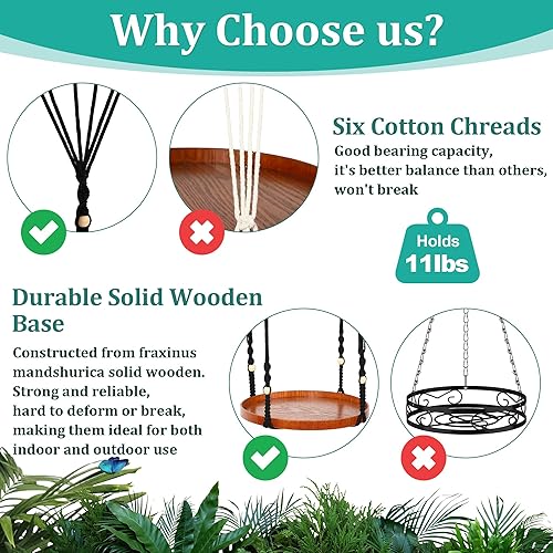 Miniatura 3 de Hiboom Colgador de plantas de 2 niveles para interiores y exteriores, con 2 bandejas de madera maciza, estante colgante de macramé para decoración