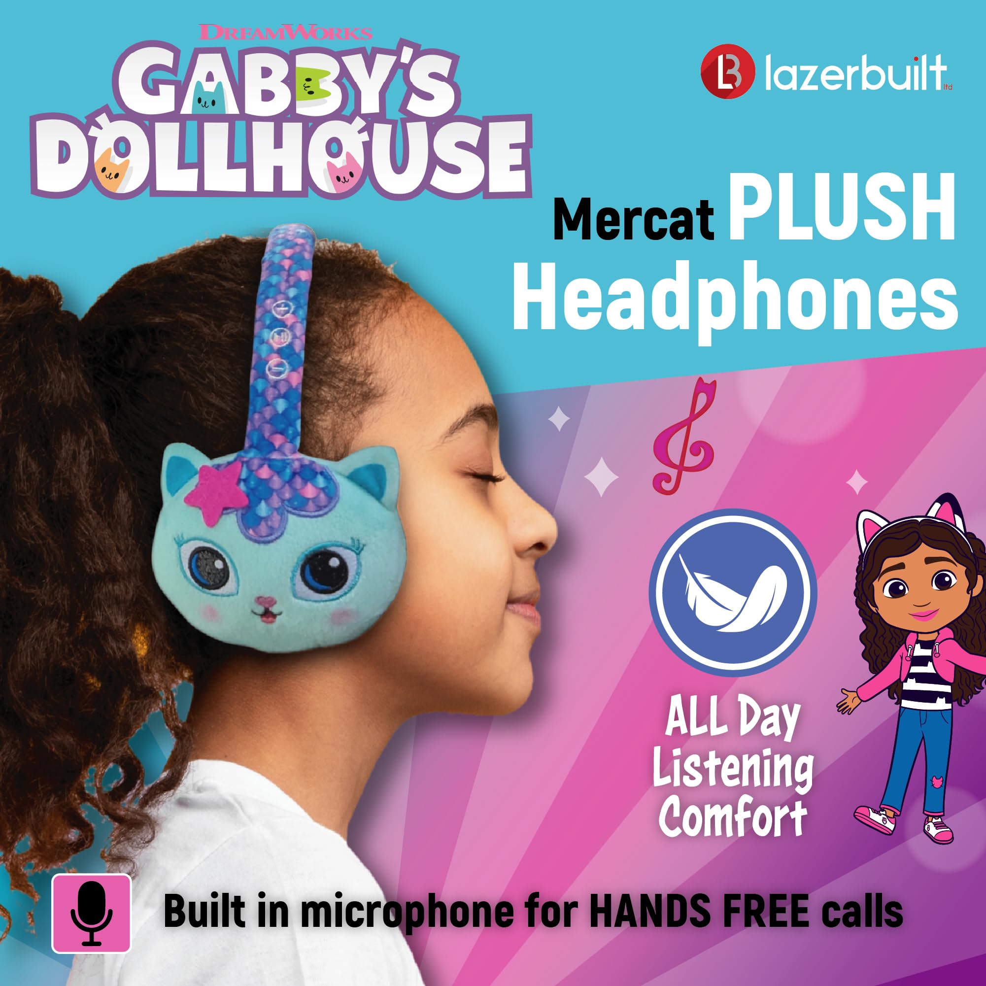 Gabby's - Cuffie Bluetooth per casa delle bambole con portata di 10 metri, controllo del volume, morbidi cuscinetti auricolari in peluche con archetto regolabile, pulsanti Play/Pausa/Volume/Skip e 200