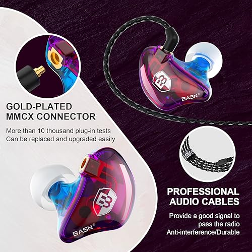 Miniatura 3 de BASN Auriculares profesionales con monitor de oído para cantantes, bateristas, músicos con conector MMCX Auriculares IEM (Pro Clear Colorful)