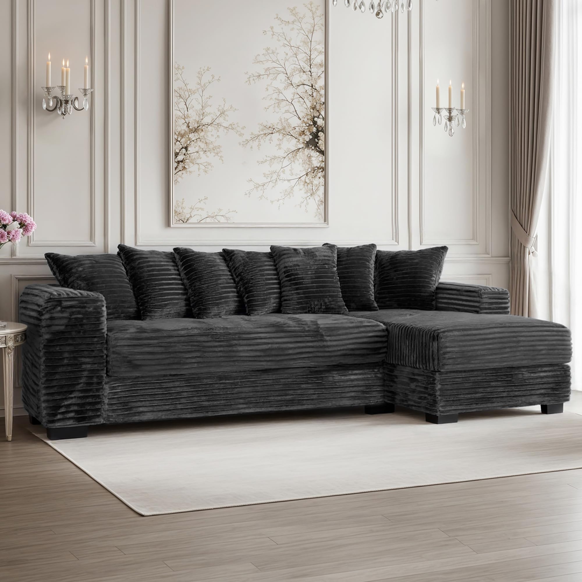 smilesun Luxe Oversized L Shaped Sofa with Chaise，Comfy Faux Fur Plush L Shaped Sectional Couches with 8 Pillows，Soft Fluffy Upholstered Sofa Bed for