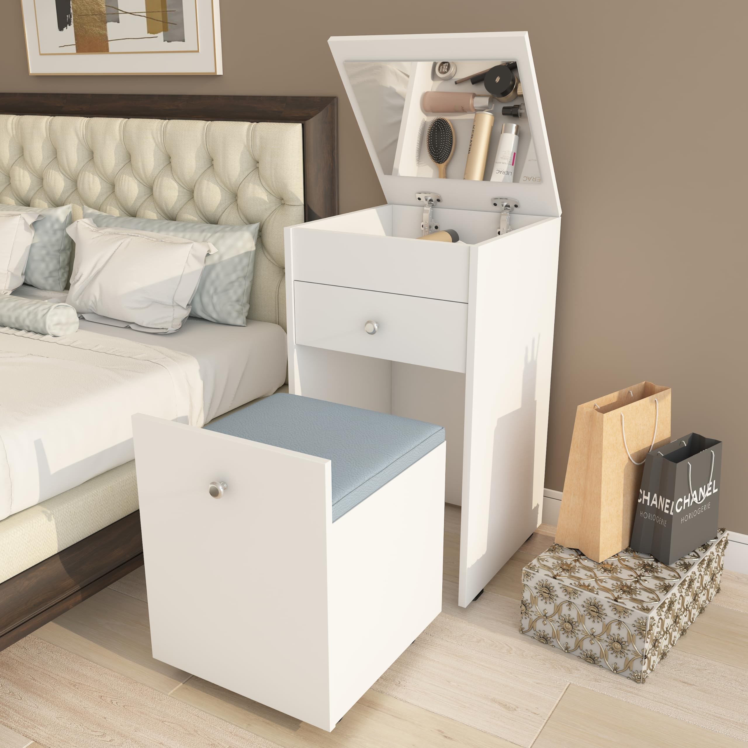 Studio Kook Engineered Wood Beleza Dressing Table, Dresser Unit With Mirror, Seating And Storage, Matte Finish (Moonshine White)