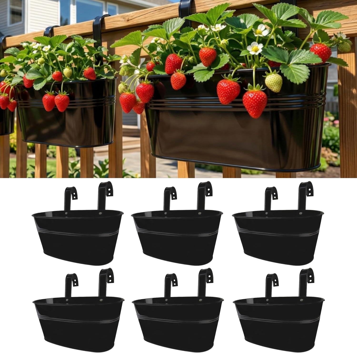 LaLaGreen Outdoor Rail Planter (11.8 Inch, 6 Pack) Black Metal Iron Hanging Flower Pots Deck Railings Fence Buckets Outside Countryside Boho Style Wall Mount Window Box Plant Holder Hook Porch Decor