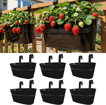 LaLaGreen Outdoor Rail Planter 11.8 Inch, 6 Pack Black Metal Iron Hanging Flower Pots Deck Railings Fence Buckets Outside Countryside Boho Style Wall Mount Window Box Plant Holder Hook Porch Decor