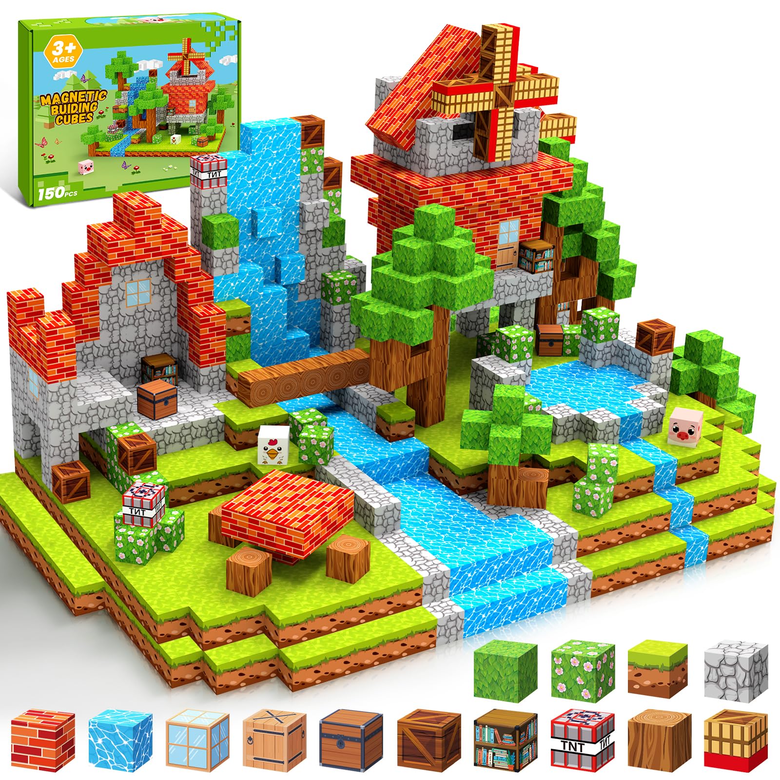 Charmofun Costruzioni Magnetiche per Bambini 150 Pezzi 2CM, Cubi Magnetici per Bambini con Fattoria e Mulino a Vento, Giocattoli Montessori dai 3 ai 9 Anni Regali per Ragazzi e Ragazze