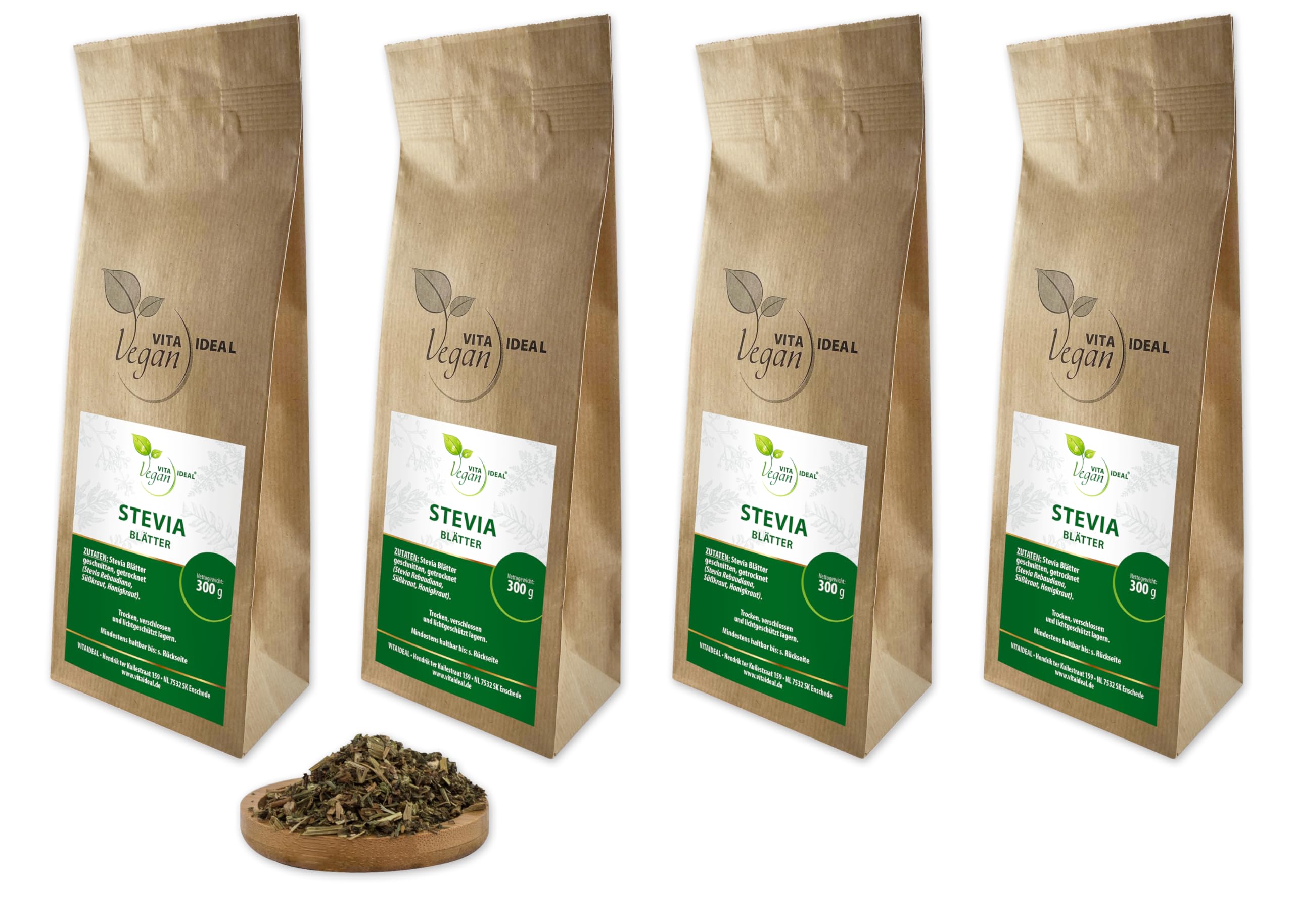 VITA IDEAL Vegan® SÜßKRAUT - Blätter 4x 300g geschnitten & getrocknet - Stevia rebaudiana - SÜßKRAUTBLÄTTER - Suesskraut - Sueßkraut Kräuter Tee & Aufguss, ohne Zusatzstoffe.