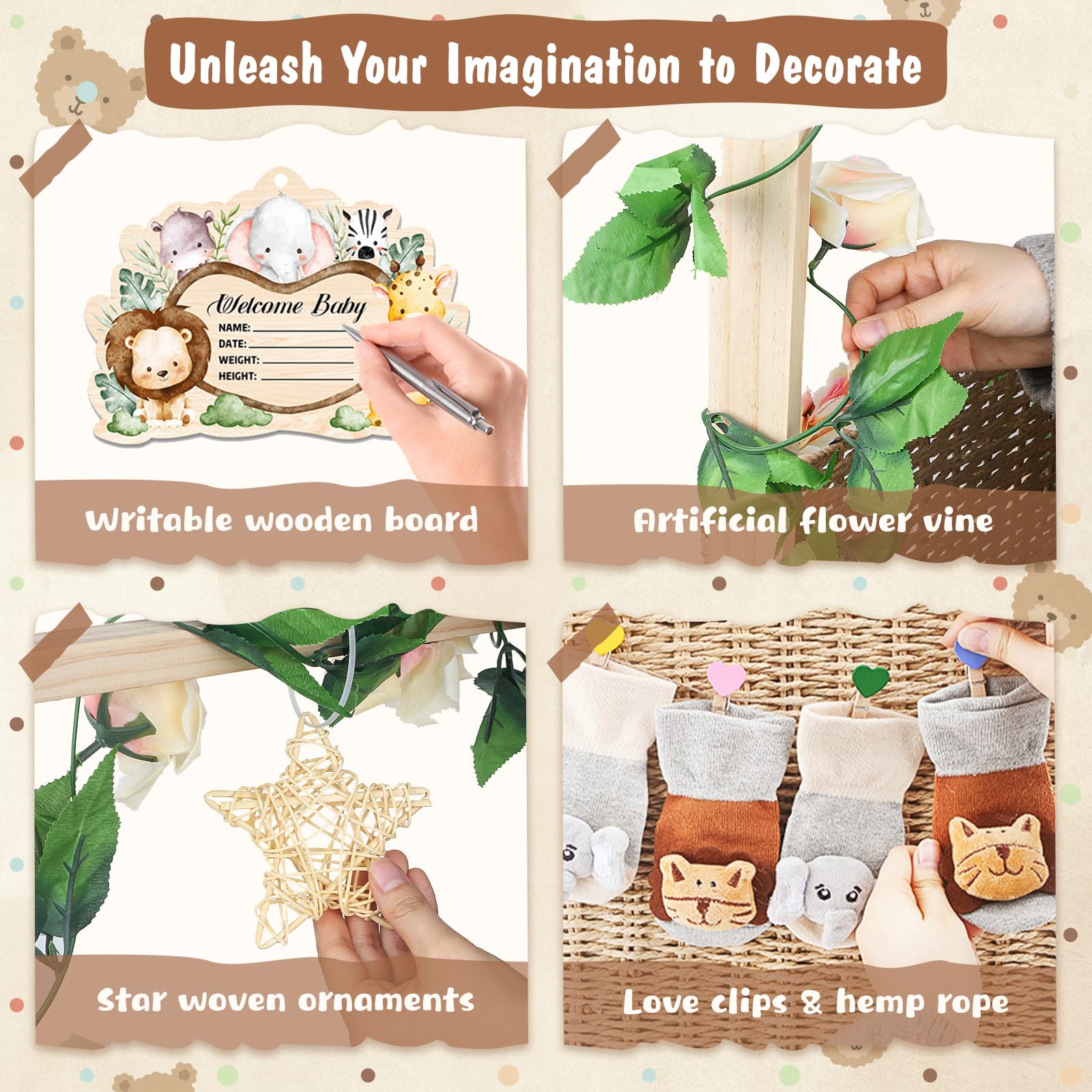 Wisreach Armario de madera para baby shower, cesta de almacenamiento plegable tejida a mano para regalos de baby shower, cesta de regalo de bienvenida para recién nacidos, niños y niñas, regalos de