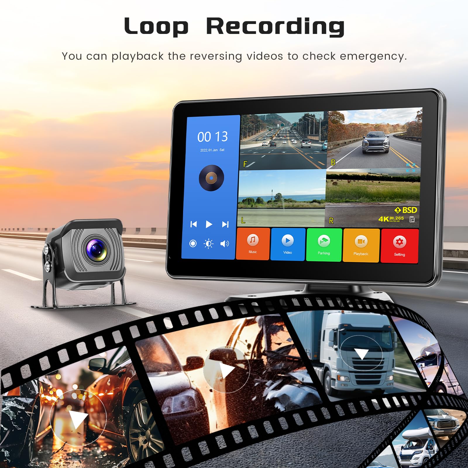 Zestaw bezprzewodowej kamery cofania z monitorem IPS 10,1", kompatybilna z 4 kamerami 1080P / 720P, wspomaganie parkowania BSD, IP68, noktowizor, do ciężarówek, przyczep, samochodów kempingowych, 12 V