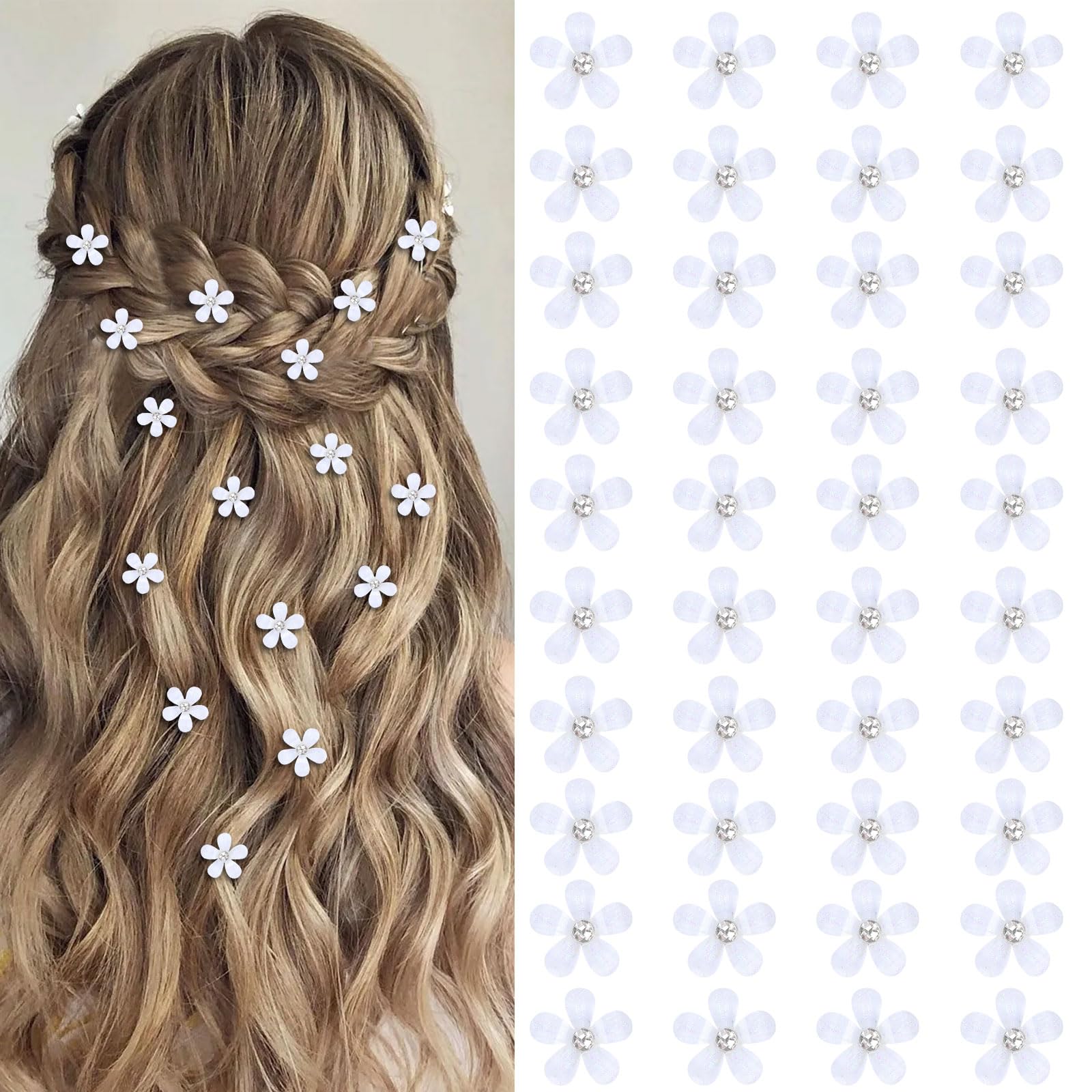 YISSION 40Pcs Mini White Flower Hair Clips with Rhinestone Cute Hair Clips Flower Hair Pins Decorative Hair Clips Wedding Hair Barrettes Bridal Flower