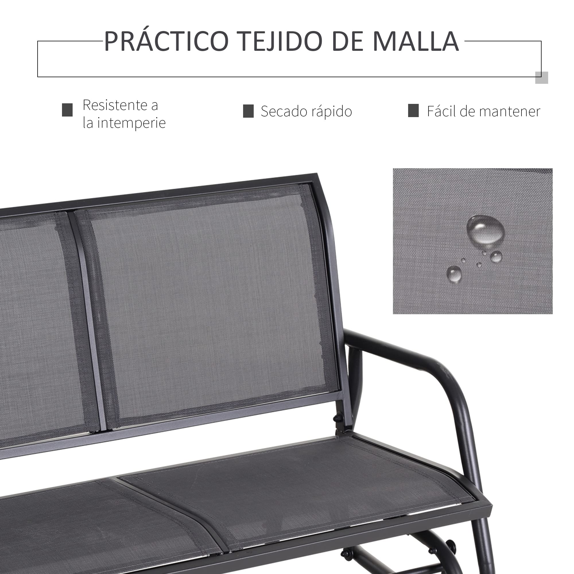 Outsunny Banco Balancín de 2 Plazas Silla Mecedora de Jardín Tubo de Metal y Tela Texteline Transpirable para Exterior Carga Máx. 200 kg 120x70x85 cm Gris