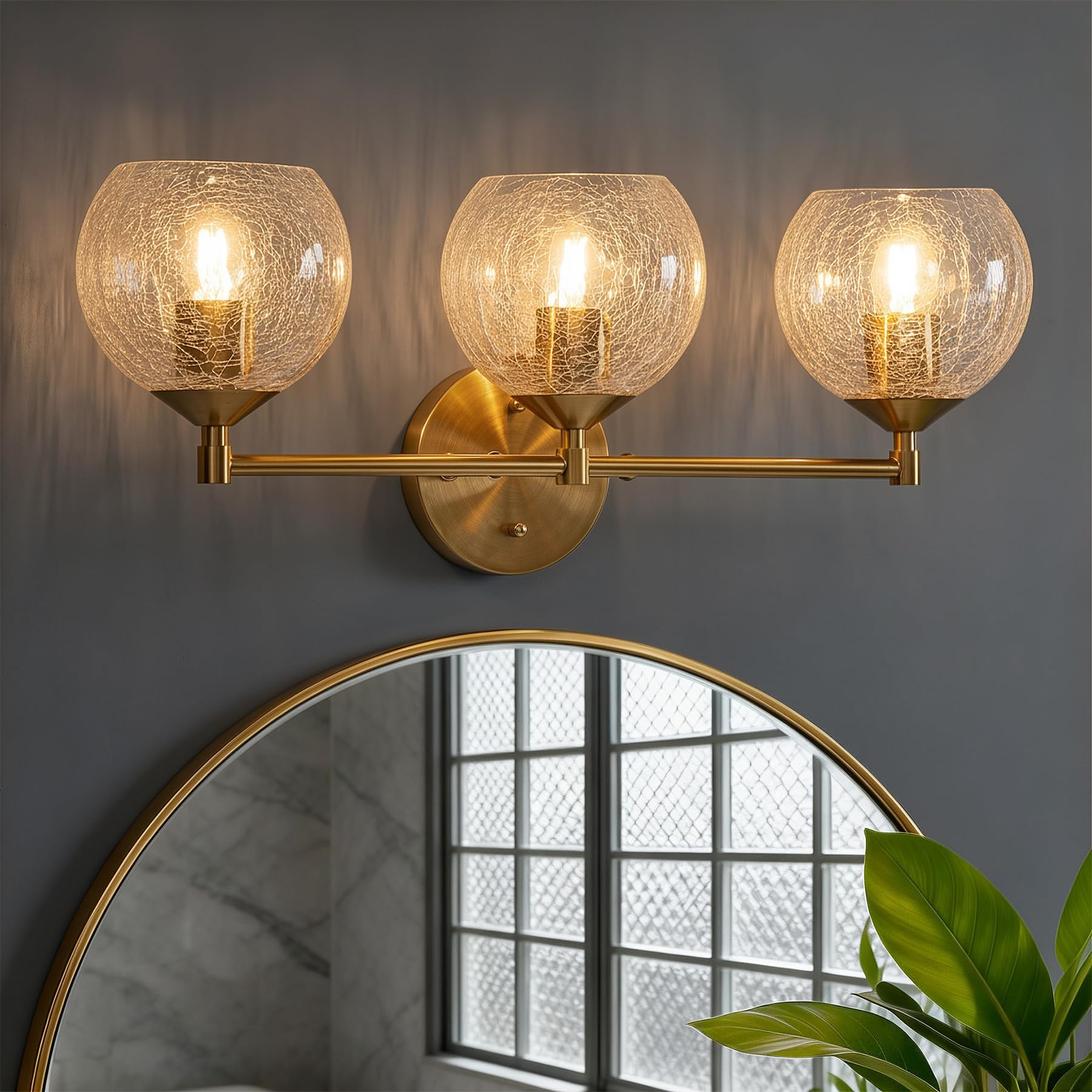 Tribesigns Applique Bagno 3 Luci, Lampada da Specchio Dorata con Sfere in Vetro Craquelé, Applique Murale E27 con Lampadine Incluse, Larghezza 43 cm, Illuminazione Moderna per Specchio Bagno, Lavabo