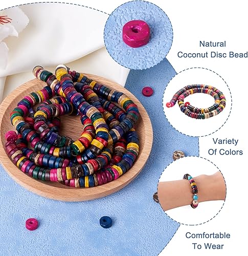Miniatura 2 de Craftdady 10 hebras redondas planas de 0.31 pulgadas (0.354 in), cuentas espaciadoras de coco natural de colores mixtos, disco de moneda Heishi