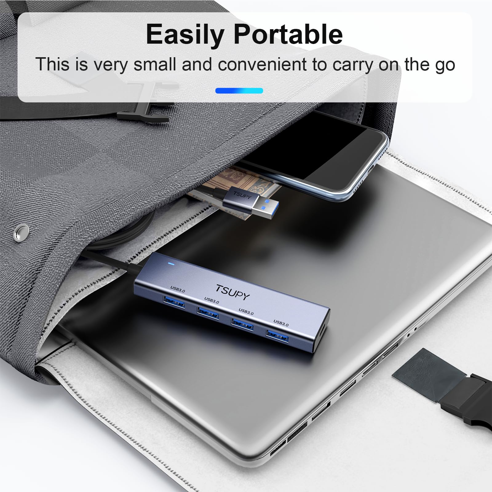 TSUPY Koncentrator USB 3.0 - Aluminiowy Hub Z 4 Portami, Przedłużacz 120 cm, Rozdzielacz 5 Gb/s Do MacBooka, iMaca, Surface Pro, XPS, Notebooka, Pamięci i Więcej