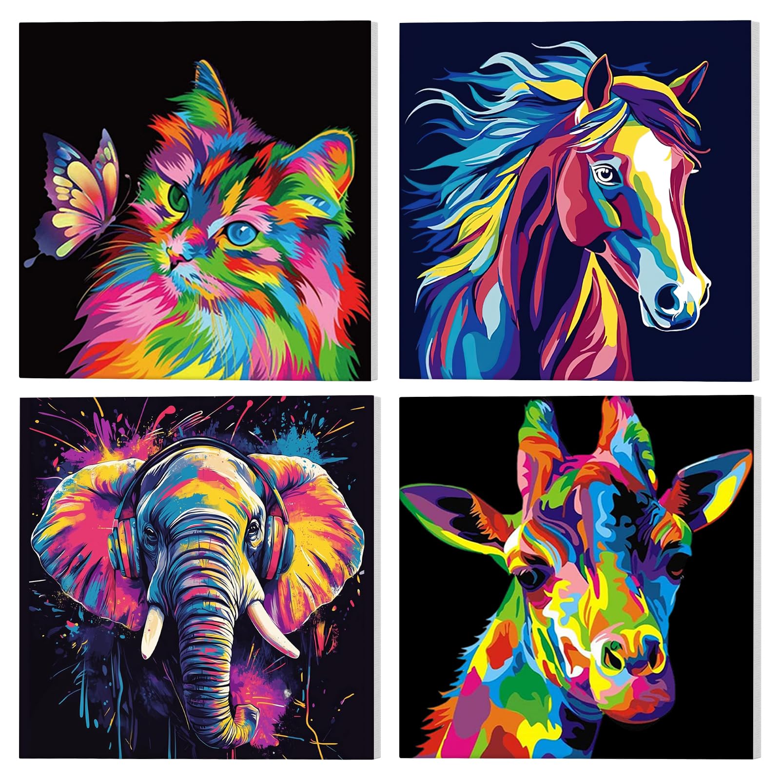 NAIMOER 4 Pièces Peinture par Numero avec Cadre Animaux Adulte Enfants, 8-12 ans Painting by Numbers, Pinceaux et Peintures Acryliques Cadeaux 20x20cm(Chat, Chevaux, Eléphants, Girafe)