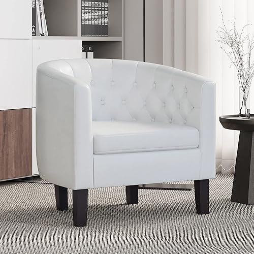 BELLEZE Sillas decorativas blancas para sala de estar, elegante sillón tapizado con barril capitoné, silla de club para dormitorio con patas