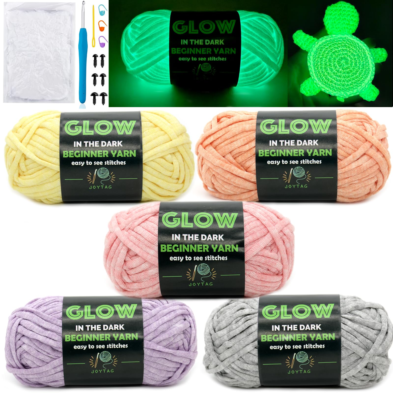 5PCS Glow in The Dark Yarn for Crochet Glow Luminous Beginner Crochet Yarn for Crocheting Knitting Beginners with Easy-to-See Stitches Luminous Crochet Yarn for Beginners Crochet Kit-Multicolor