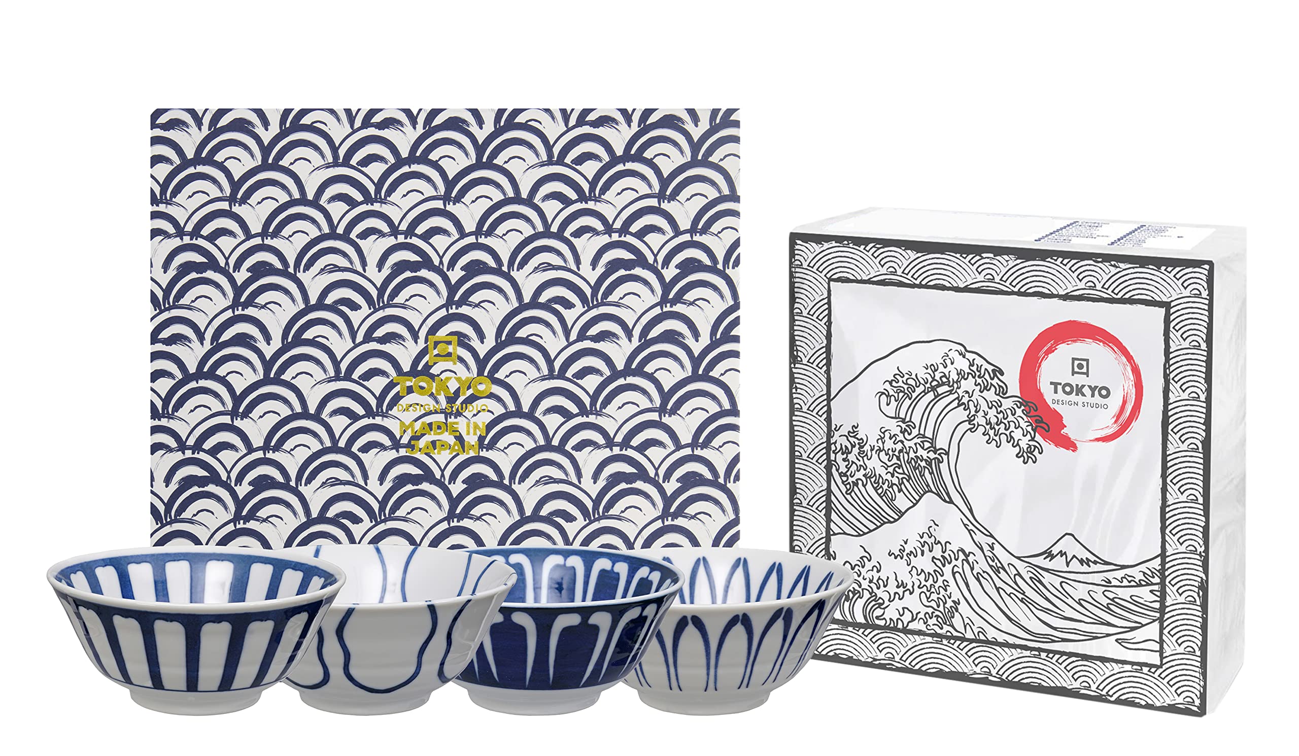 TOKYO design studio Mixed Bowl 4 Schalen-Set blau-weiß, Ø 15 cm, ca. 500 ml, asiatisches Porzellan, inkl. Geschenk-Verpackung und exklusiven Servietten