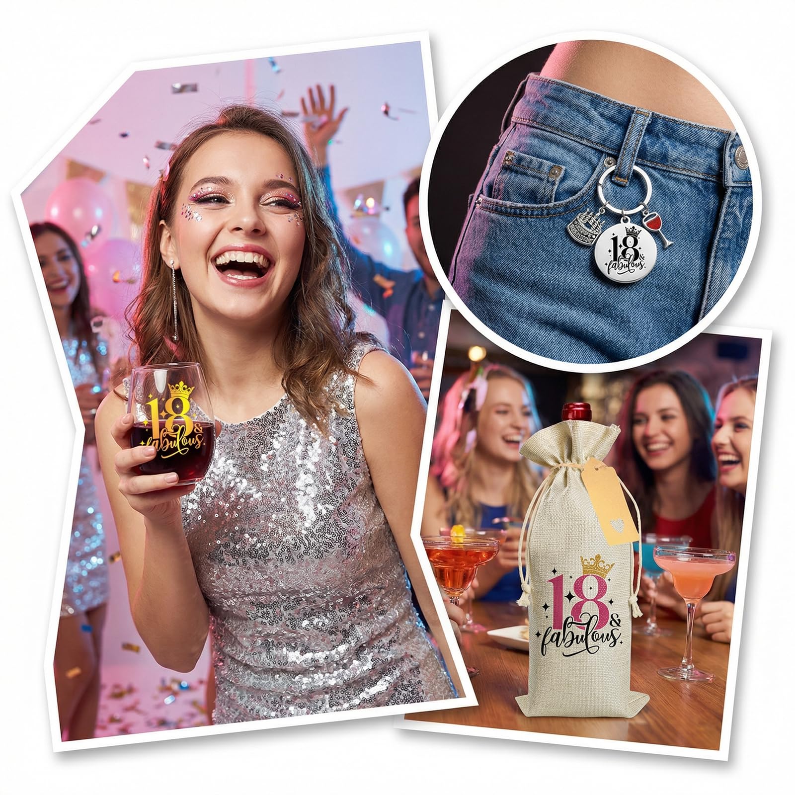 Geschenke zum 18. Geburtstag für Mädchen und sie, personalisiertes Weinglas mit Flaschentasche, Schlüsselanhänger und Karte, Weingläser-Set zum 18. Geburtstag, für Jahrestag, beste Freundin
