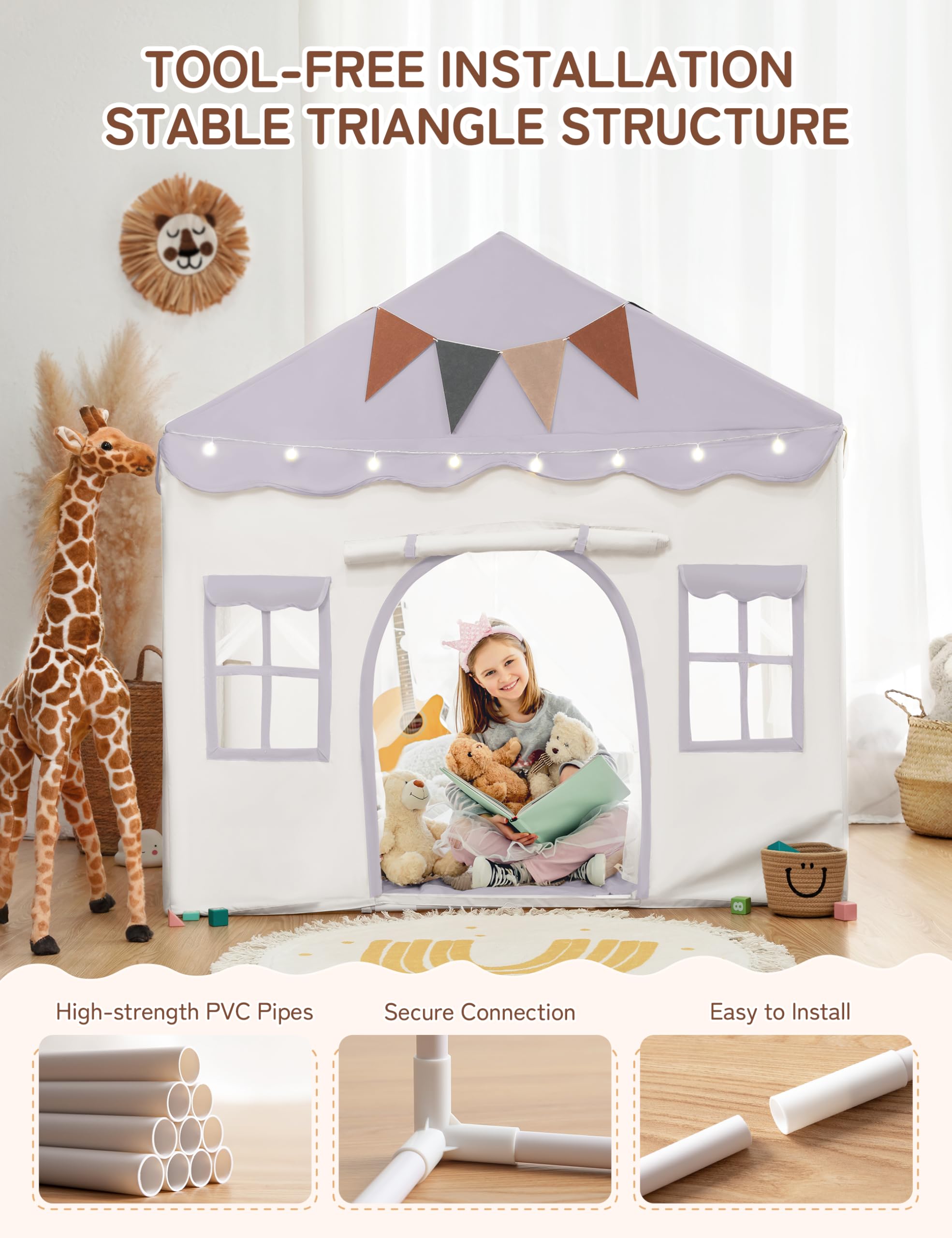 besrey 2 IN 1 Kinderzelt, Kinder Spielhaus Indoor mit Matte und Lichtern, Kinder Bettzelt,Spielzelt für Drinnen,Prinzessin Zelt, Kinderspielhaus, Kuschelecke Kinderzimmer Dekor ab 3 Jahre Lila