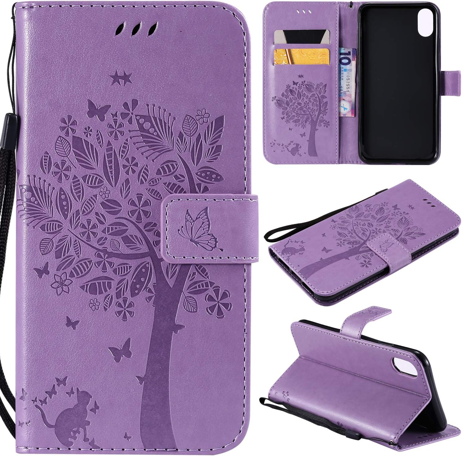 iPhone Xs 2018 Case,iPhone X 2017 Wallet Case,iPhone Xs/X PU Leather Protective Case Emboss Cat and Tree Folio Magnetic with Card Holder Kickstand and Flip Case for iPhone Xs/X 5.8 Inch Light Purple