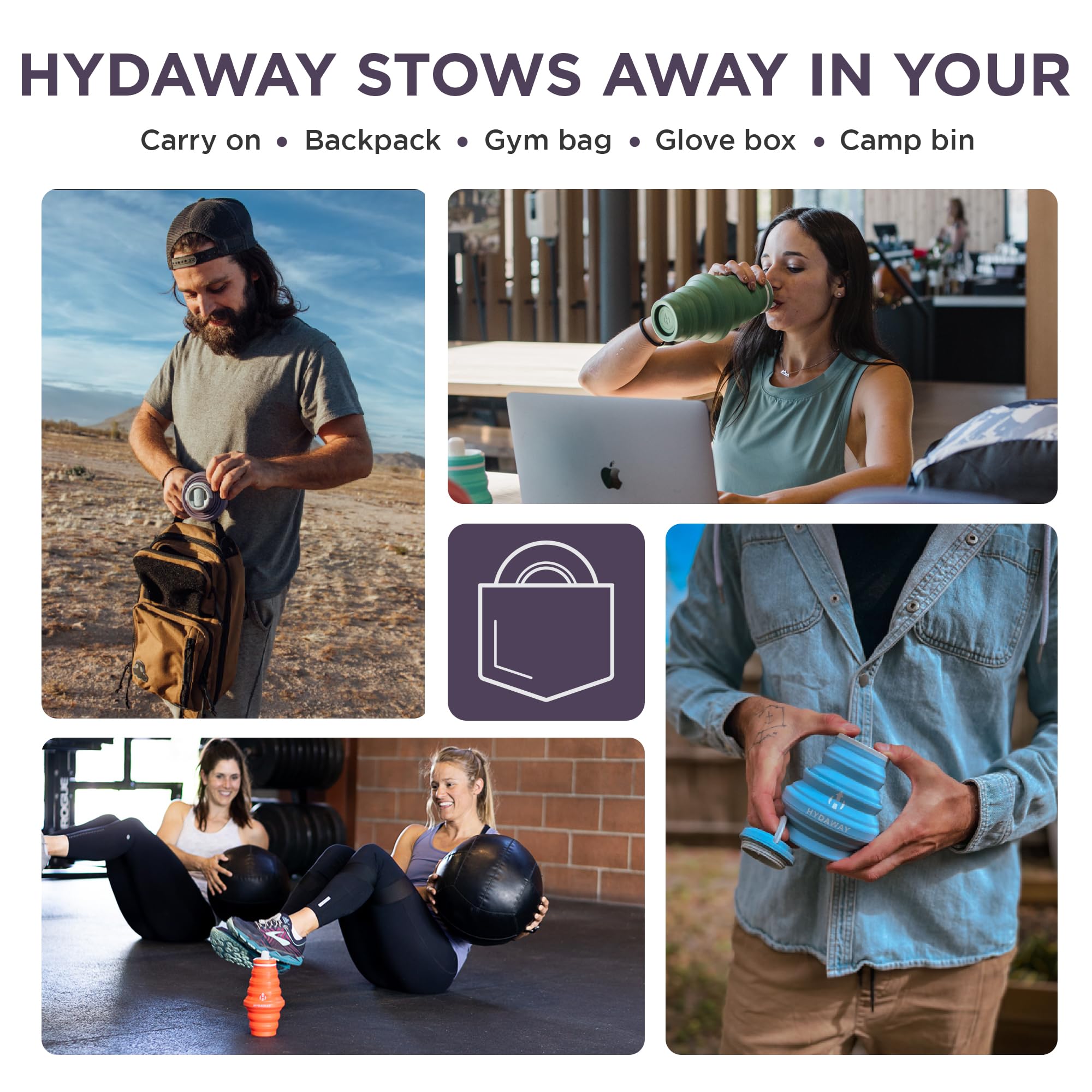 HYDAWAY Borraccia pieghevole – Borraccia riutilizzabile da 750 ml, con coperchio ribaltabile, per viaggi, escursionismo, zaino in spalla, portatile e a prova di perdite, in silicone alimentare, senza