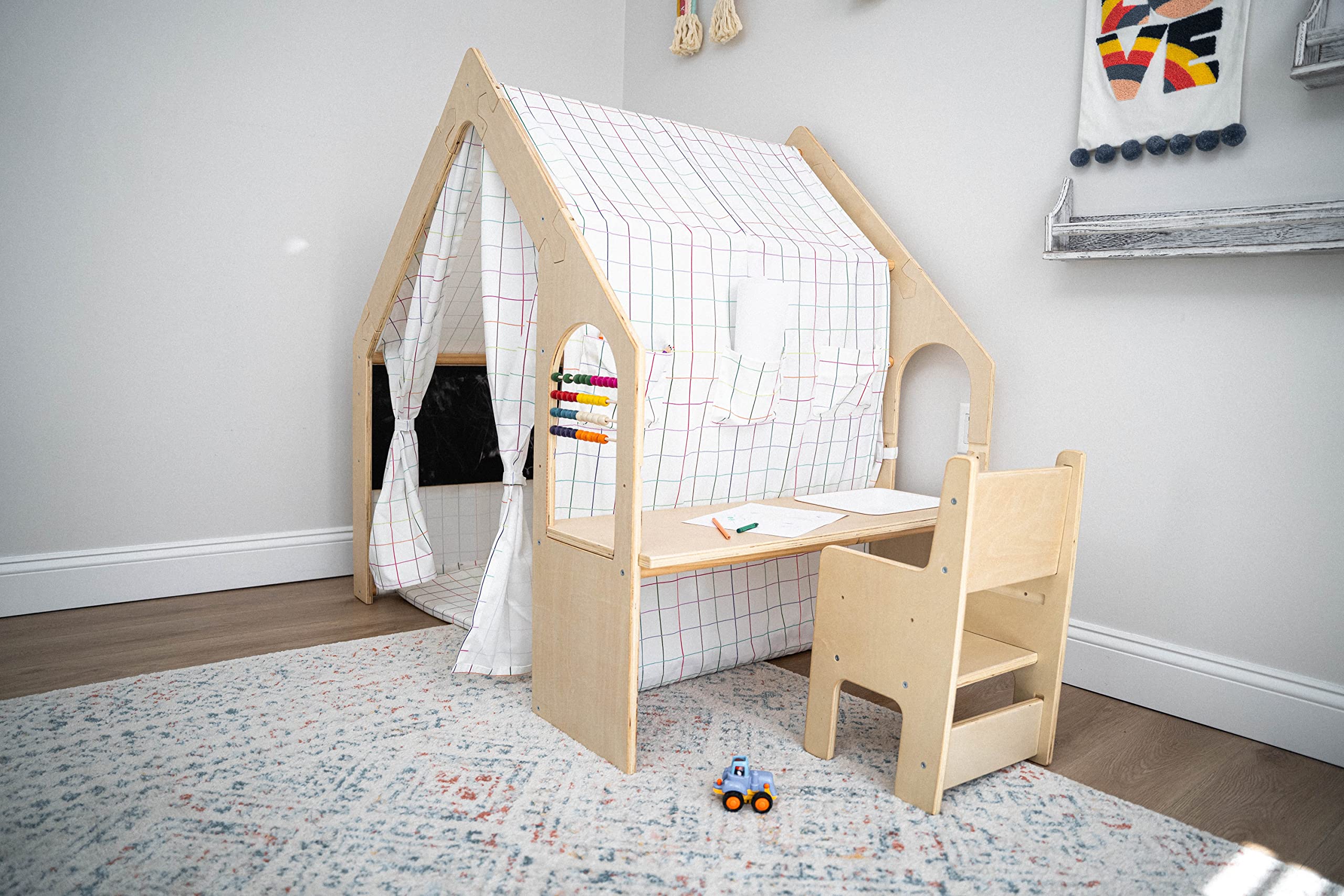 Avenlur Flair - 5 in 1 Indoor Playhouse with Desk Table, Chair, Chalkboard, Floor Cushion and Curtain Shades - Montessori and Waldorf Style for Ages 1 to 8 Years Old - (Large, Colorful Windowpane)