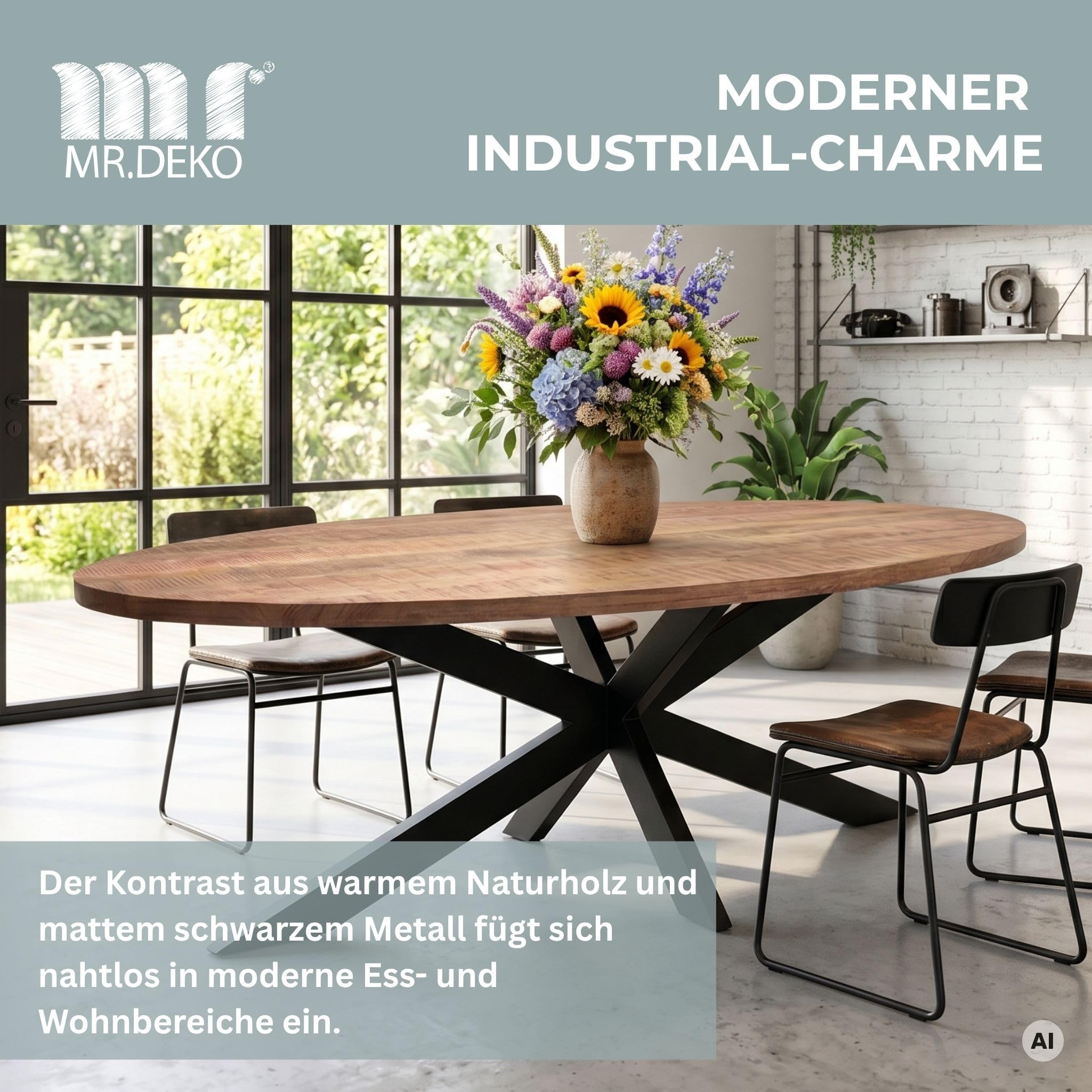 MR. DEKO Esstisch Avola Mango Cross Gestell oval 180x90 cm | Esszimmertisch für 4 Personen | Großer Design Holztisch | Runder Tisch stabil
