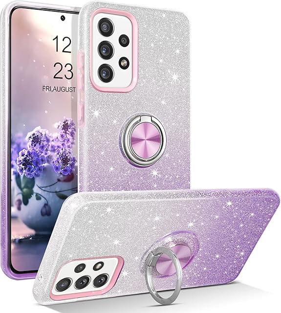 YINLAI Samsung Galaxy A52 5G Case Bling Glitter Sparkle Samsung Galaxy A52 Case for Girls Women with 360 Grad Ring Holder Kickstand Protective Phone Case for Samsung Galaxy A52 5G, Purple Gradient