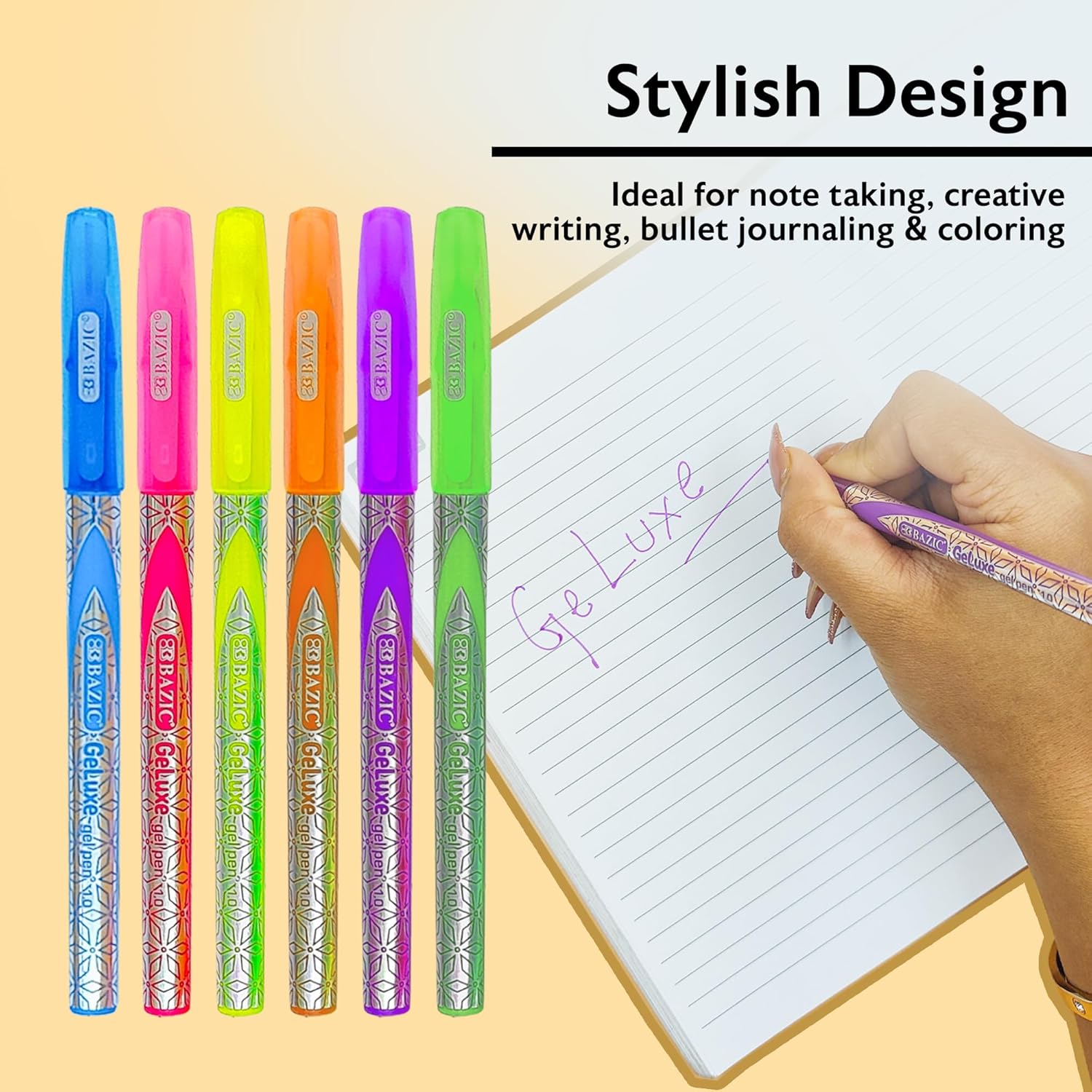BAZIC Products GeLuxe Gel Ink Roller Pen, Assorted Fluorescent Colors, 1.0 mm Medium Point, Smooth Writing Rollerball Pens, for Office School (6/Pack), 24-Pack