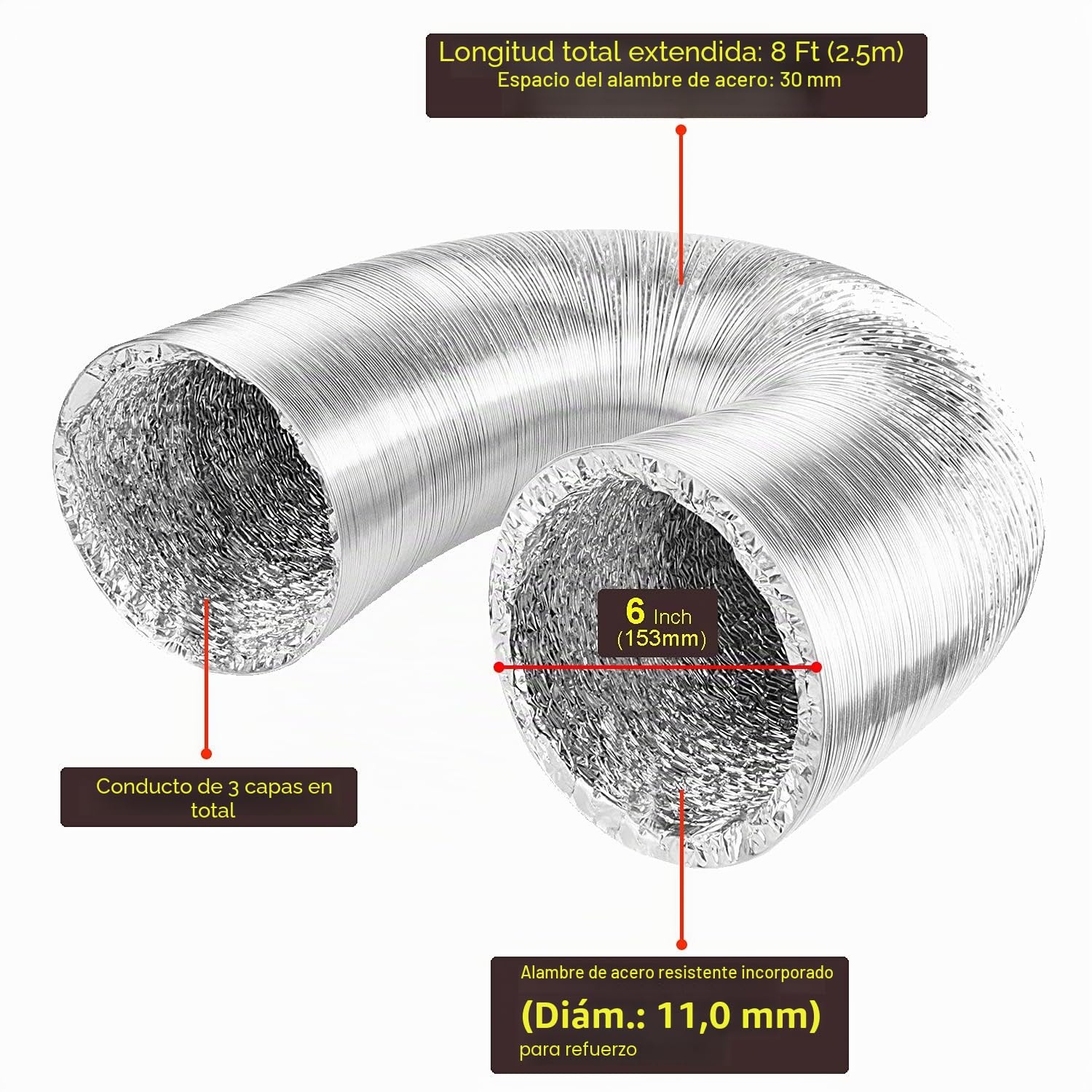 Tubo Flexible de Aluminio Ø153mm, Longitud 2.5m para Conducto de Aire de Ventilación Sistemas con 2 Abrazaderas de Acero