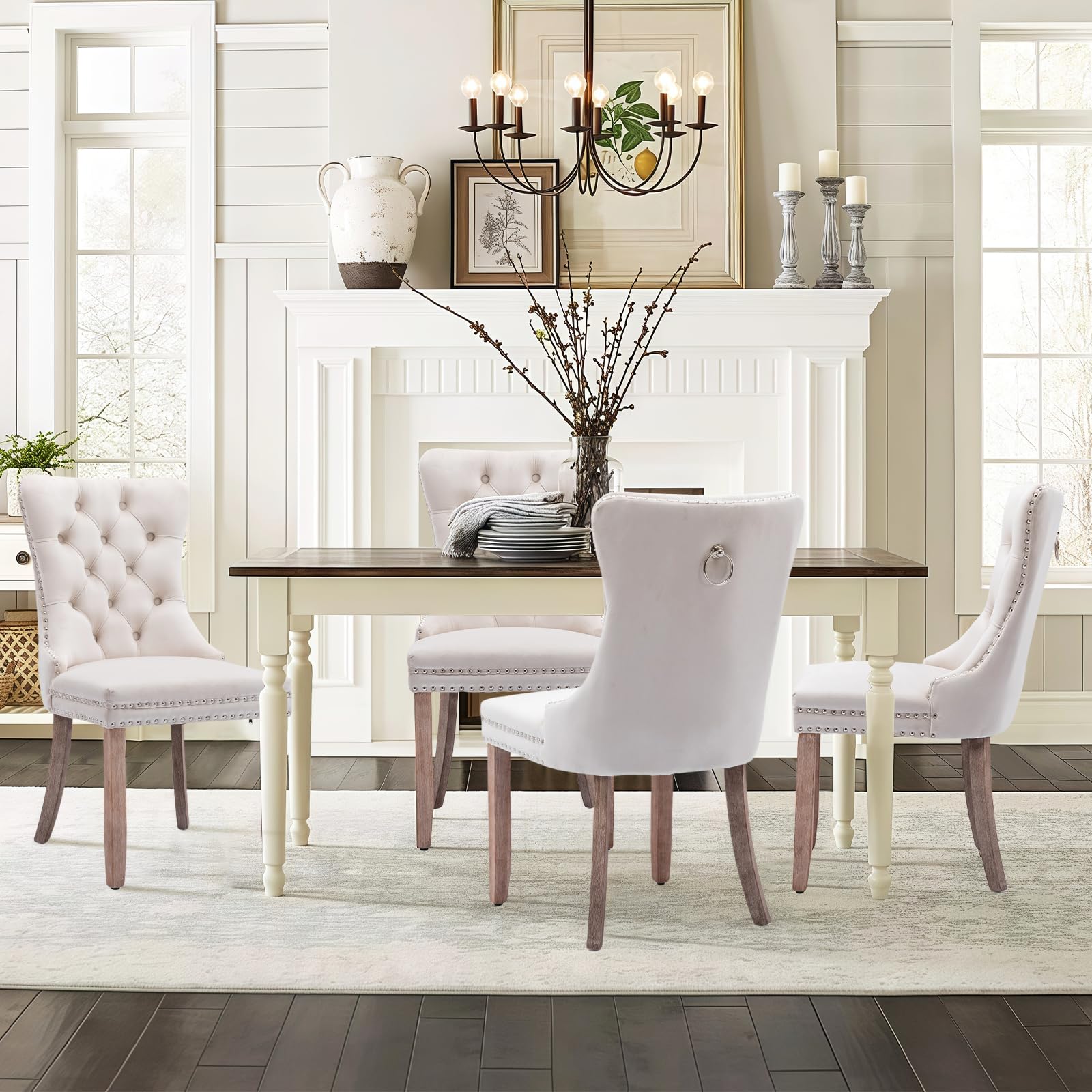 Sillas de Comedor Tapizadas en Terciopelo, Estilo Moderno, Silla de Cocina con Tachuelas y Anilla Metálica, Patas de Madera Natural, Juego de 4, Beige