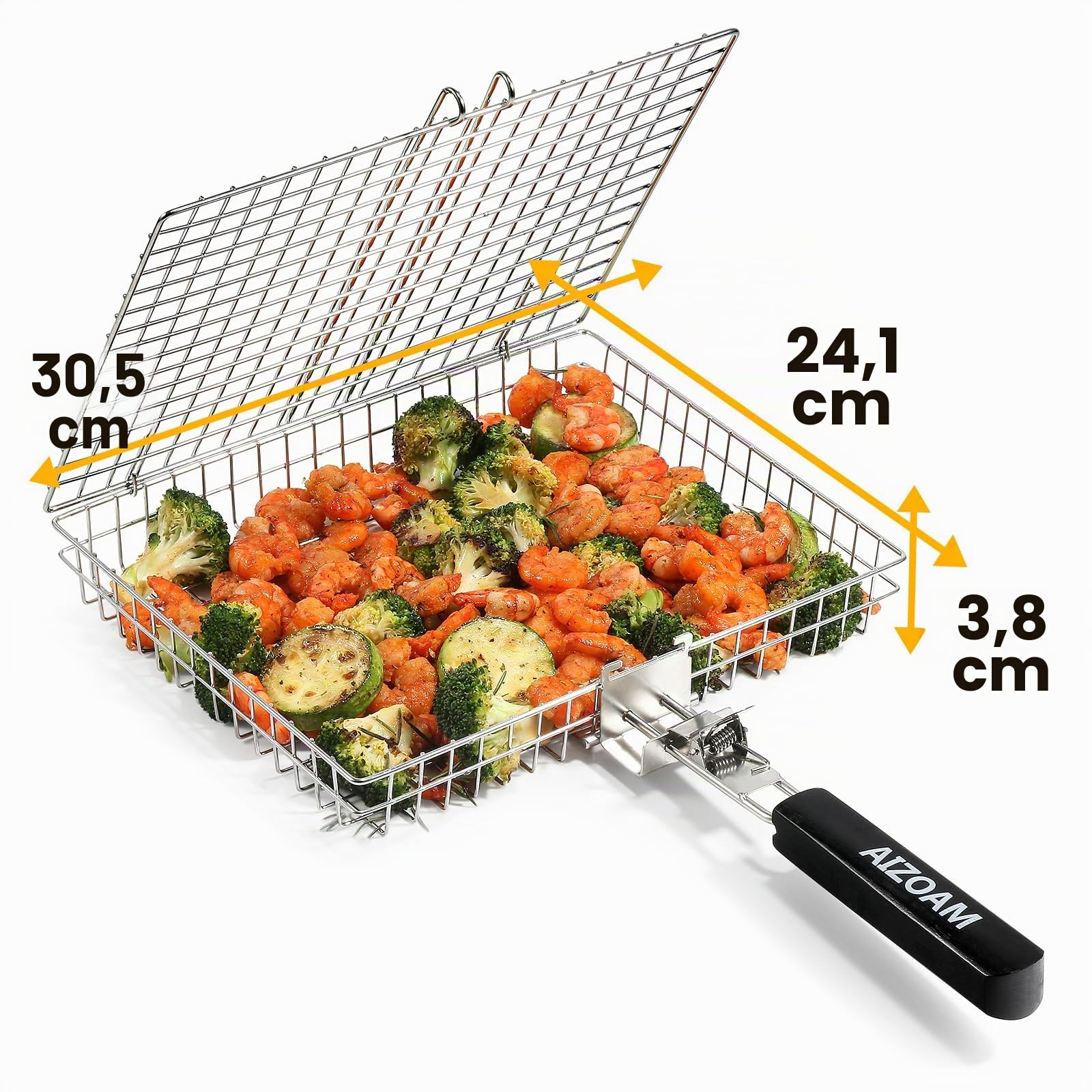 Cesta de parrilla – Cestas de parrilla para parrilla al aire libre, cesta grande de acero inoxidable con mango extraíble, estante portátil para asar pescado para parrilla, ideal para carne