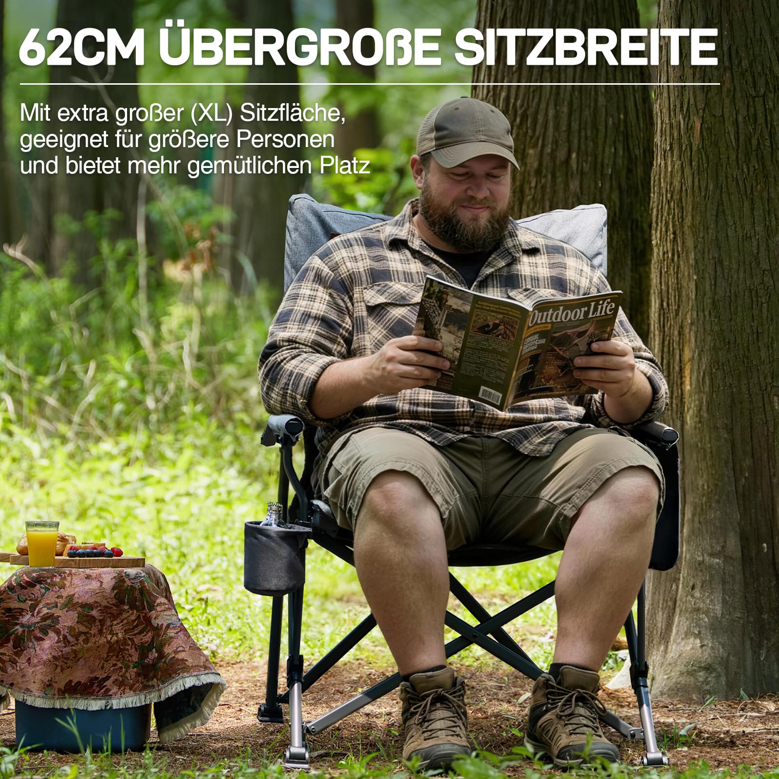 EVER ADVANCED Campingstuhl Faltbar 230KG Belastbar XL Klappstuhl 62cm Sitzbreit mit Seitentasche Getränkehalter Übergroß Faltstuhl Angelstuhl für Camping Outdoor Balkon Garten