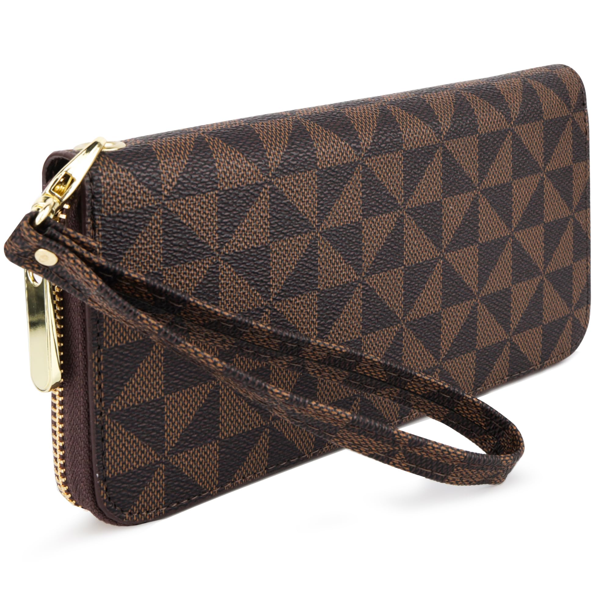 Veki Women's Wallet Monolayer Zipper Pocket Wallets with Wrist Strap, Leather Credit Card Purse for Women Men (Monolayer-Brown)