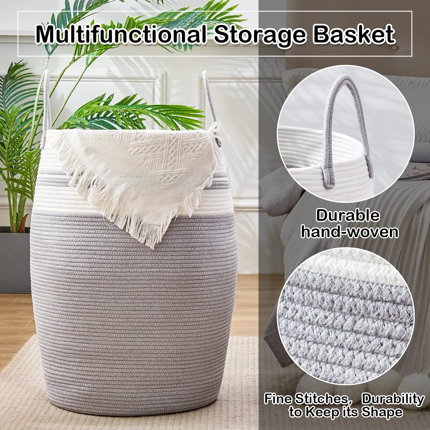 Oiahomy Laundry Hamper Woven Cotton Rope Large Clothes Hamper 25.6" Height Modern Curver Basket with Extended Cotton Handles for Storage Clothes Toys in Bedroom, Bathroom, Foldable