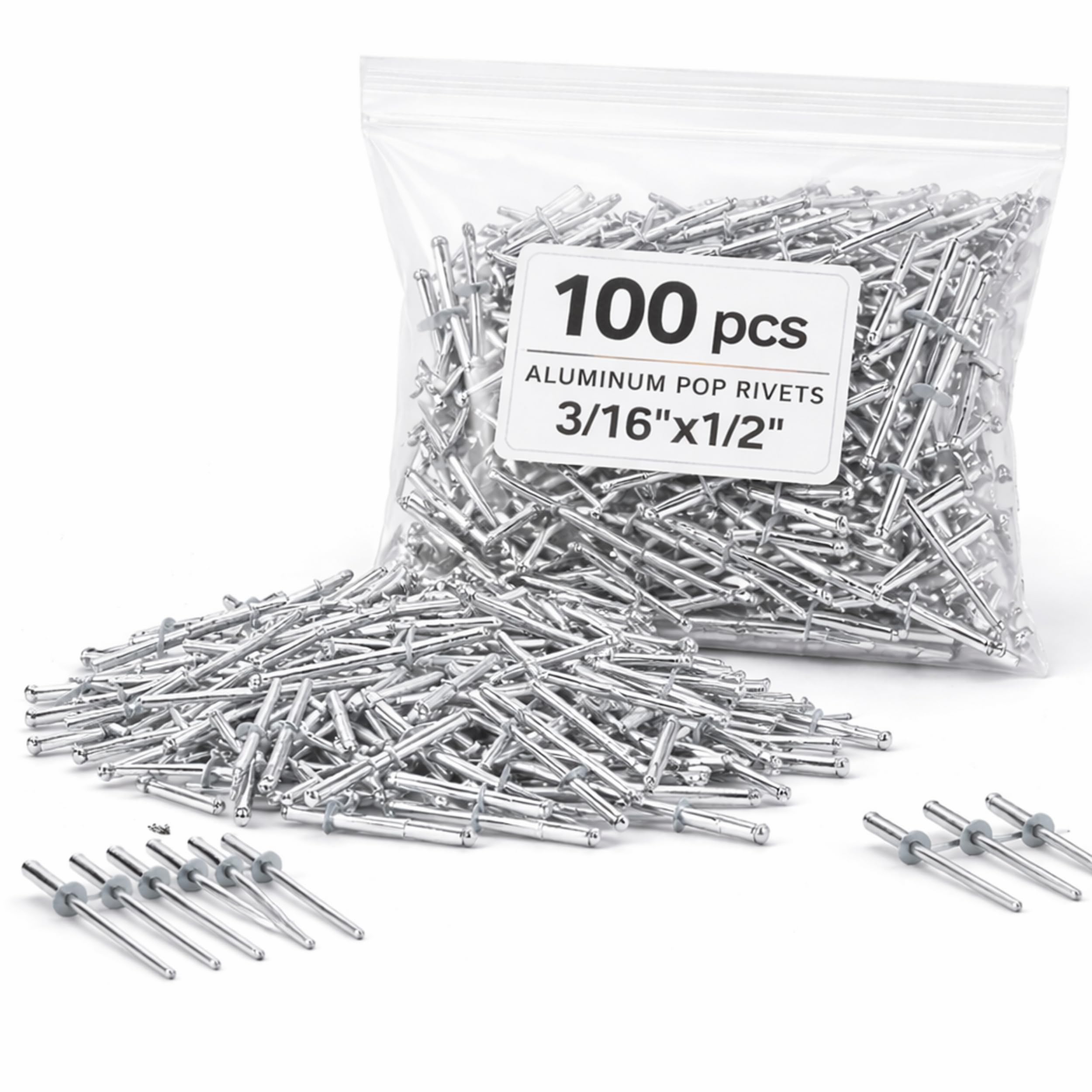 100PCS Large Flange Aluminum Pop Rivets 3/16" x 1/2" Dome Body Blind Rivet Set for Sheet Steel Duct Work Marine Long Pop Rivets with Big Head Steel Mandrel Aluminum Boat Rivets