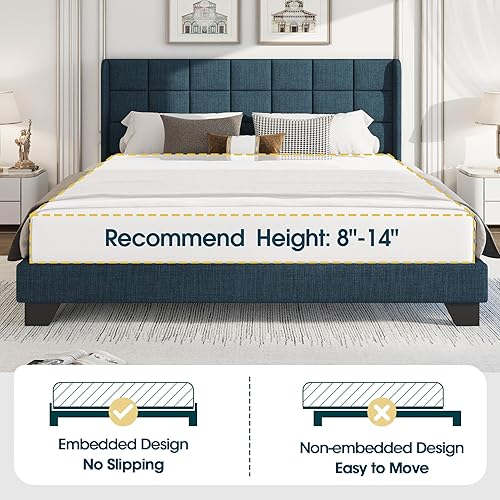 Miniatura 6 de WEEWAY Base de cama tapizada con respaldo de ala, tamaño Queen, cabecera capitonada, listones de madera, no necesita somier, fácil montaje, azul