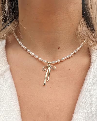 Miniatura 2 de Delicado collar de oro con lazo para mujer, no se deslustra, chapado en oro de 14 quilates, collar de cadena de perlas con lazo de espiga