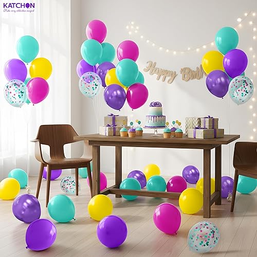Miniatura 3 de KatchOn, Globos de látex multicolor y confeti  60 unidades  Globos de fiesta de confeti  Globo rosa intenso metálico morado amarillo verde azulado