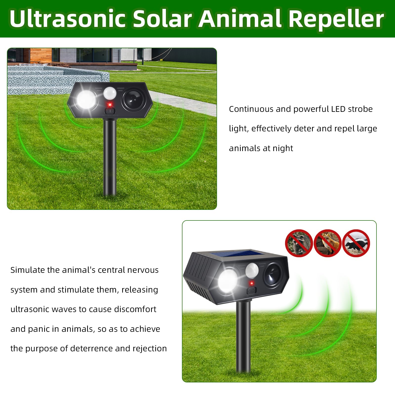 Dissuasori solari ad ultrasuoni per animali all'aperto, dissuasori solari per cervi con sensore di movimento, repellente per gatti con luci flash a LED per spaventare cervi, scoiattoli, conigli