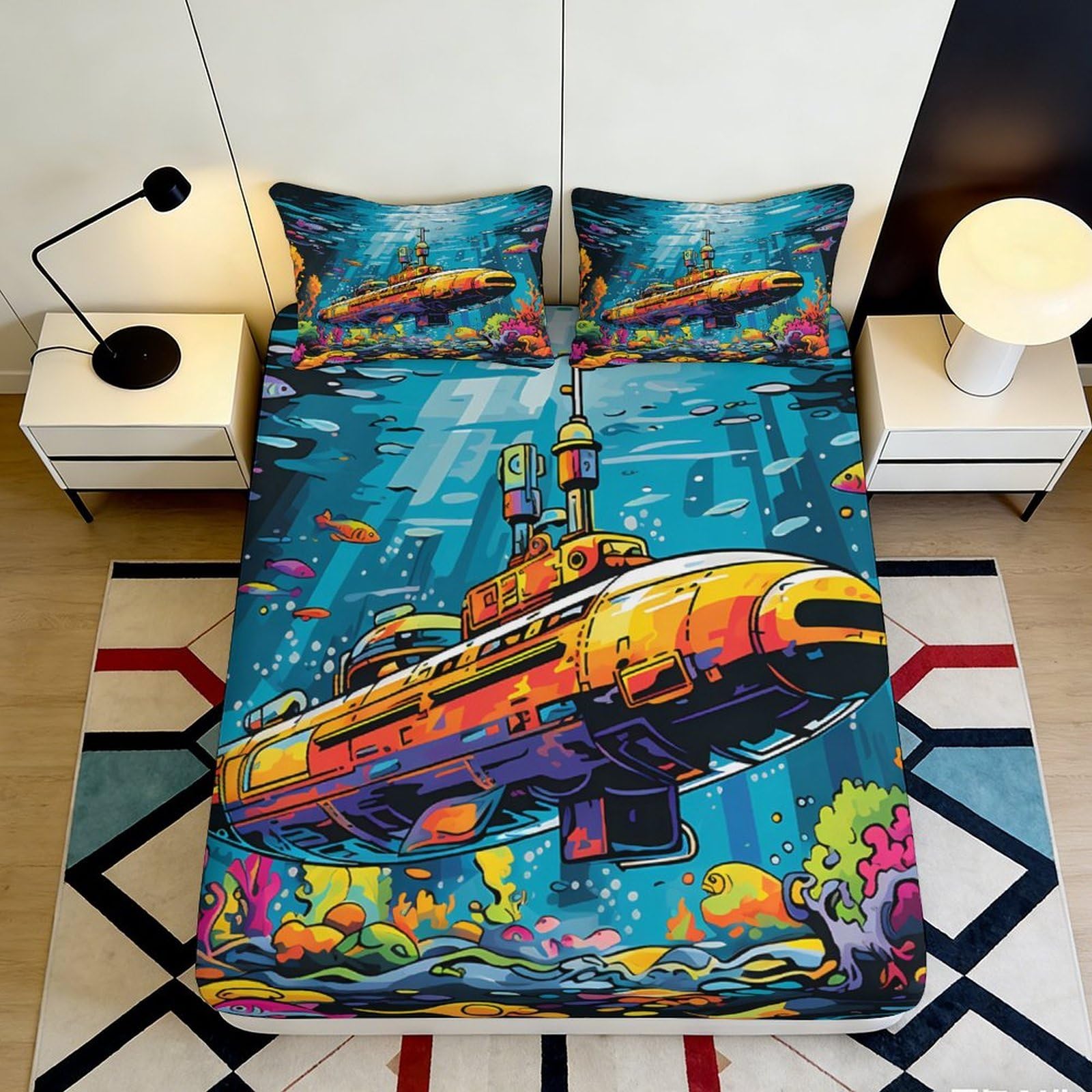 3D Printed Submarine Fitted Sheet Microfiber Soft Breathable Underwater Scene Mattress Cover for Bedroom Dormitory Guest Room Protection Decor 140x200x25cm