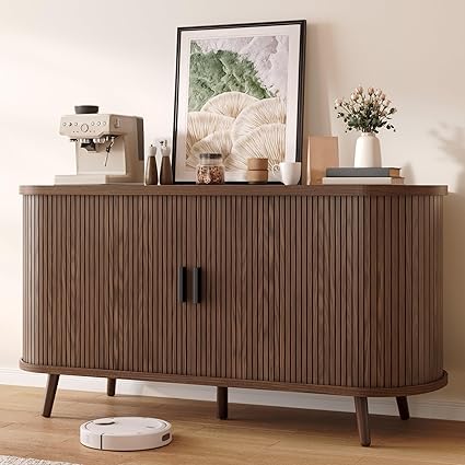DWVO Fluted Sideboard Buffet Cabinet with Storage,54.3" Wide Curvy Edge Accent Storage with Sliding Door & Adjustable Shelf, Mid Century Modern Console for Living Room, Kitchen, Hallway-Walnut