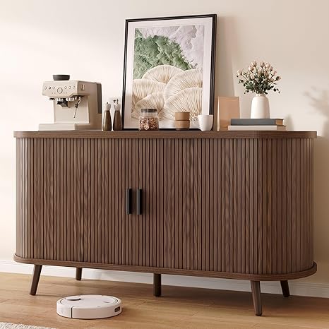 DWVO Fluted Sideboard Buffet Cabinet with Storage,54.3" Wide Curvy Edge Accent Storage with Sliding Door & Adjustable Shelf, Mid Century Modern Console for Living Room, Kitchen, Hallway-Walnut