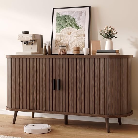 DWVO Fluted Sideboard Buffet Cabinet with Storage,54.3" Wide Curvy Edge Accent Storage with Sliding Door & Adjustable Shelf, Mid Century Modern Console for Living Room, Kitchen, Hallway-Walnut