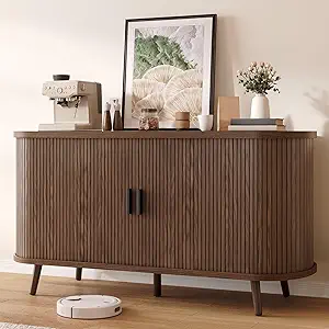 DWVO Fluted Sideboard Buffet Cabinet with Storage,54.3" Wide Curvy Edge Accent Storage with Sliding Door & Adjustable Shelf, Mid Century Modern Console for Living Room, Kitchen, Hallway-Walnut