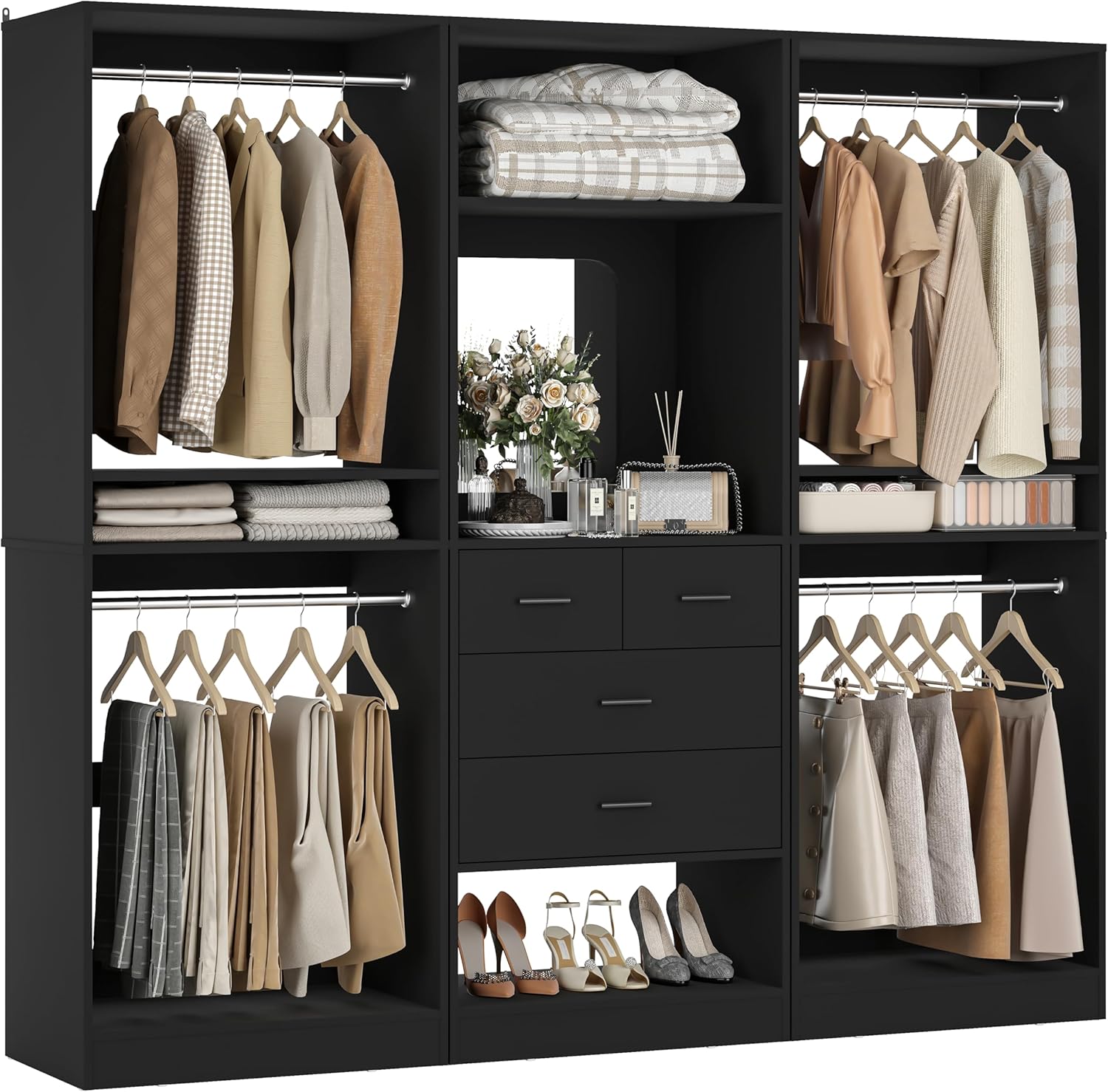 Unikito 75-Inch Walk-In Closet System: 4 Drawers, Hanging Rods, Mirror, Adjustable Shelves - Black Freestanding Organizer