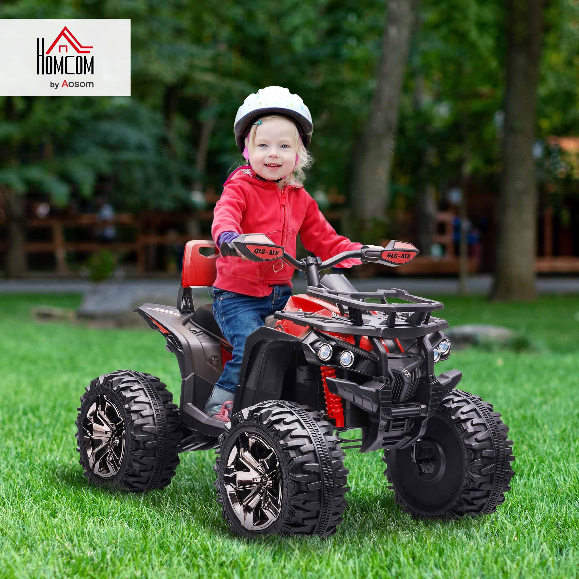 HOMCOM Quad Buggy électrique Enfant 12 V 8 Km/h Max. Voiture électrique Enfant avec Effets Lumineux sonores Selle avec Dossier Porte-Bagage Avant métal PP Rouge Noir