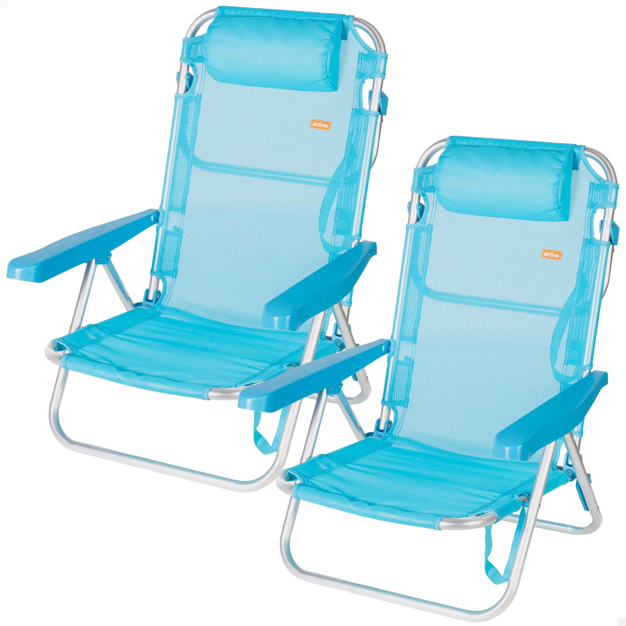 AKTIVE Pack de 2 chaises de Plage Basses Multipositions 48 x 46 x 84 cm, Dossier inclinable, 5 Positions, textilène avec Coussin, Aluminium jusqu'à 110 kg, Pliables avec poignée, Bleu (85527)