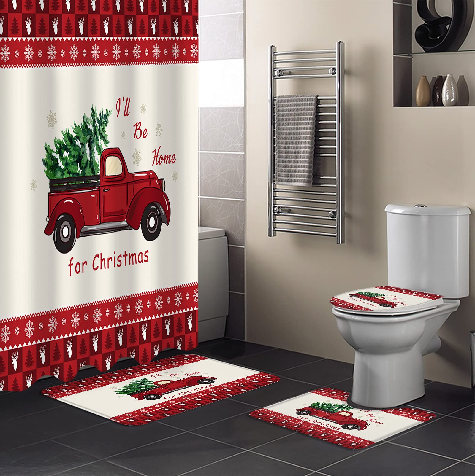 Merry Christmas Shower Curtain Set 4 Pcs-Red Xmas Tree Truck Snowflakes Reindeer Border,Bathroom Sets Waterproof Shower Curtain,Non-Slip Bathroom Rugs,Bath Mat,Toilet Lid Cover Cover & Contour Mat