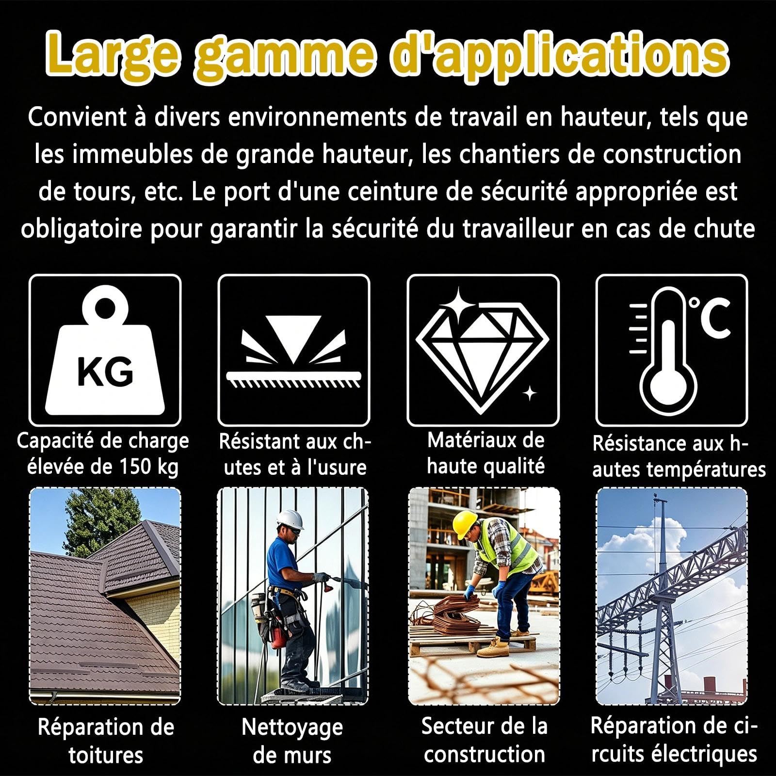 10m Dispositif Antichute a Rappel Automatique, Charge Max 150kg | Harnais de Securite Anti Chute Toiture et Travaux en Hauteur, Stop Chute Toiture avec Crochet Autobloquant 360° (Jaune,10m)
